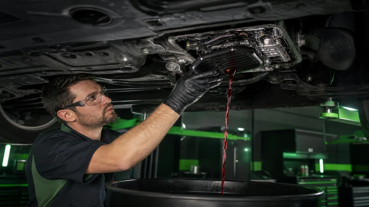 Getriebeölwechsel an einem Automatikgetriebe in der Werkstatt, Artikelbild 1200x675