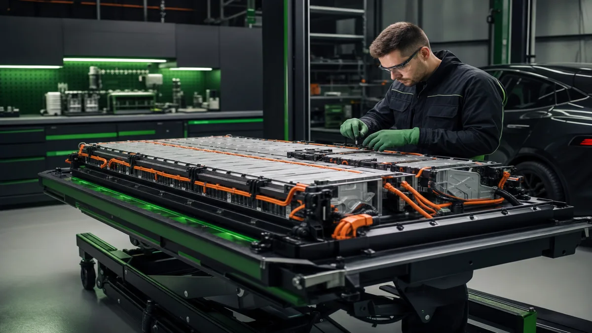 Hochvolt-Batteriepack eines Hybridfahrzeugs in der Werkstatt, Artikelbild 1200x675