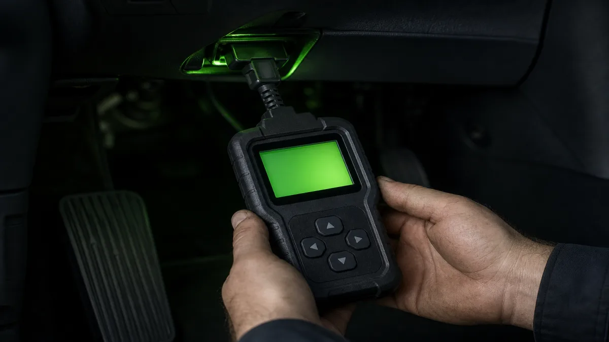 OBD-II Diagnosegerät am Fahrzeugstecker, Artikelbild 1200x675